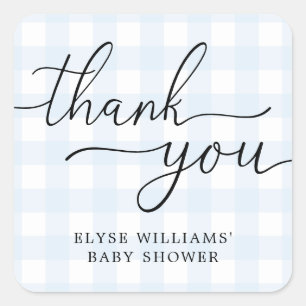 Blue Gingham Baby Shower Tack Favor Sticker Fyrkantigt Klistermärke