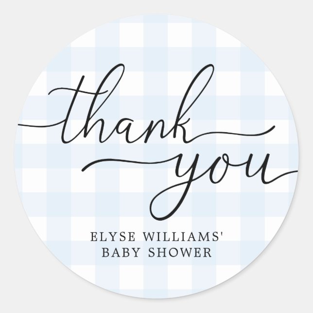 Blue Gingham Baby Shower Tack Favor Sticker Runt Klistermärke (Framsida)