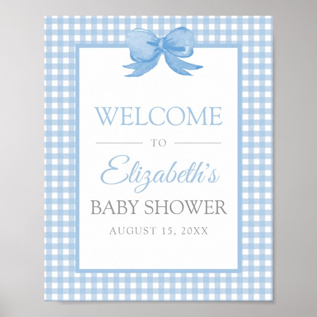 Blue Gingham Baby Shower Välkommen Poster (Framsidan)