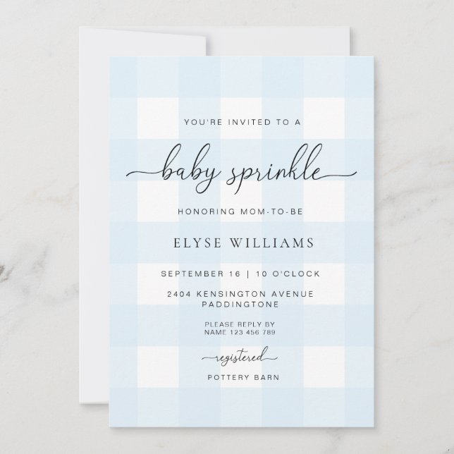 Blue Gingham Baby Sprinkle Inbjudningar (Framsida)