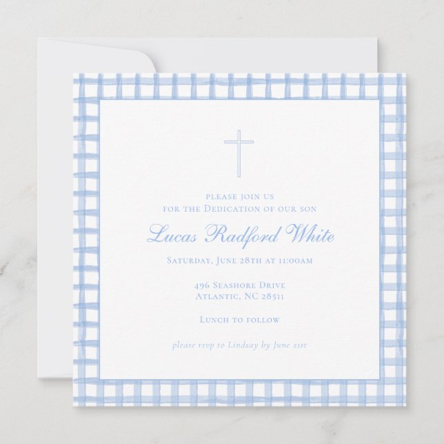 Blue Gingham Baptism/Dedication Investigation Julkort (Framsida)