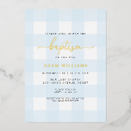 Blue Gingham Baptism Gold Foil-inbjudan