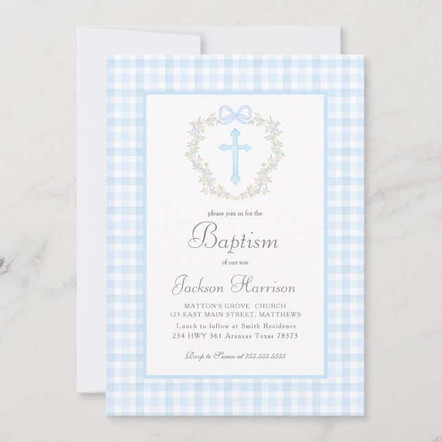 Blue Gingham Baptism-inbjudan, Boy Baptism Inbjudningar (Framsida)