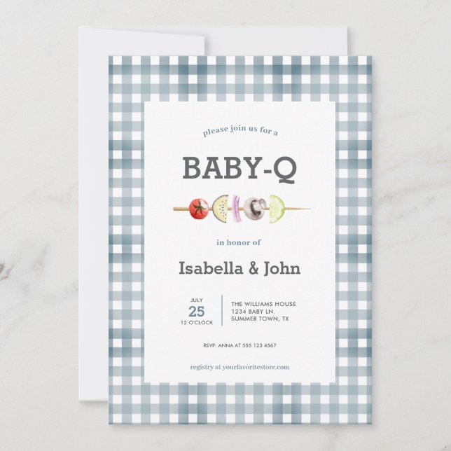 Blue Gingham Barbecue Baby Shower Invitation Inbjudningar (Framsida)