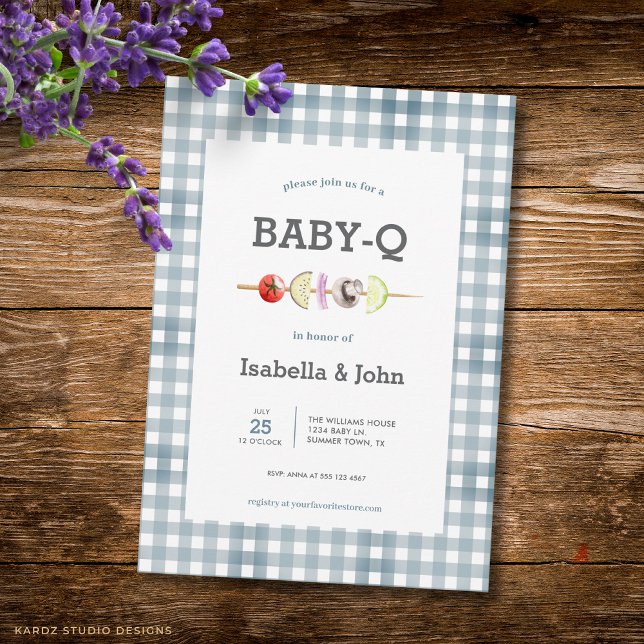 Blue Gingham Barbecue Baby Shower Invitation Inbjudningar (Front of the invitation is shown in 5x7-inch. Choose size, paper, and corner style.)