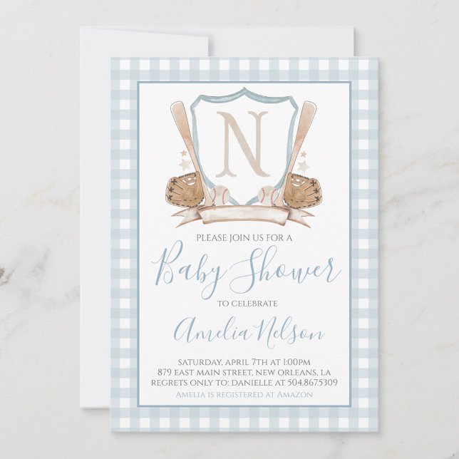 Blue Gingham Baseball Baby Shower-inbjudan Inbjudningar (Skapare uppladdad)