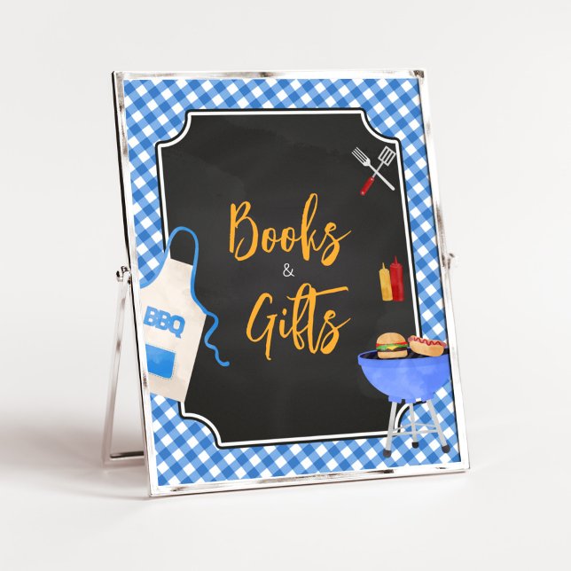 Blue Gingham BBQ Baby Shower Bokar och Gifts Poster (Boy Baby-Q Baby Shower Books and Gifts Sign)