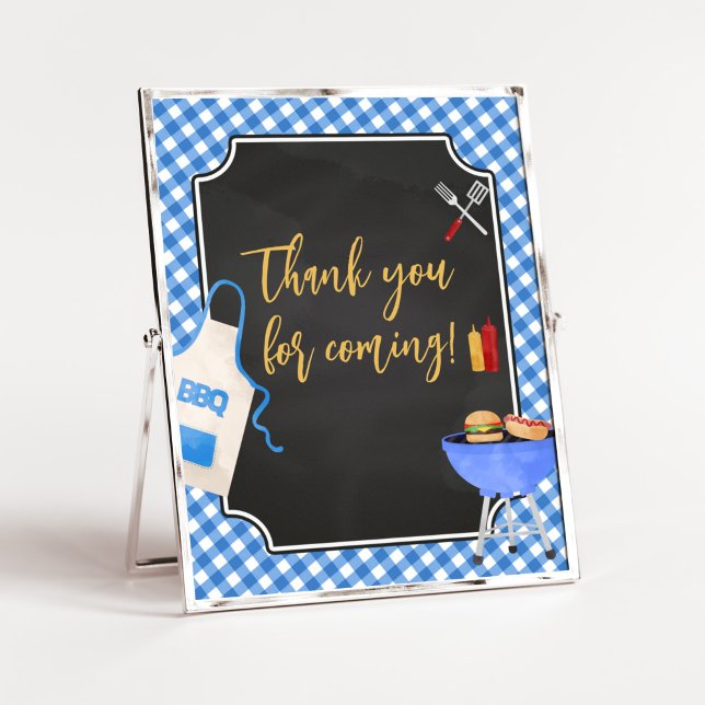 Blue Gingham BBQ Baby Shower Tack för att du kom Poster (Boy Baby-Q Baby Shower Thank you for Coming Sign)