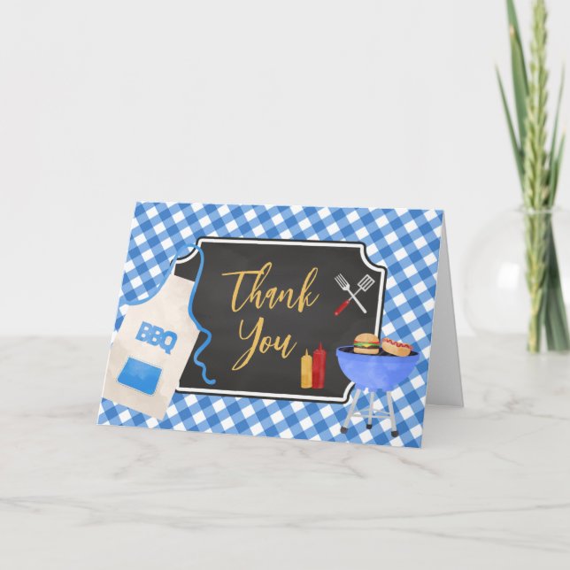 Blue Gingham BBQ Baby Shower Tack Kort (Framsida)