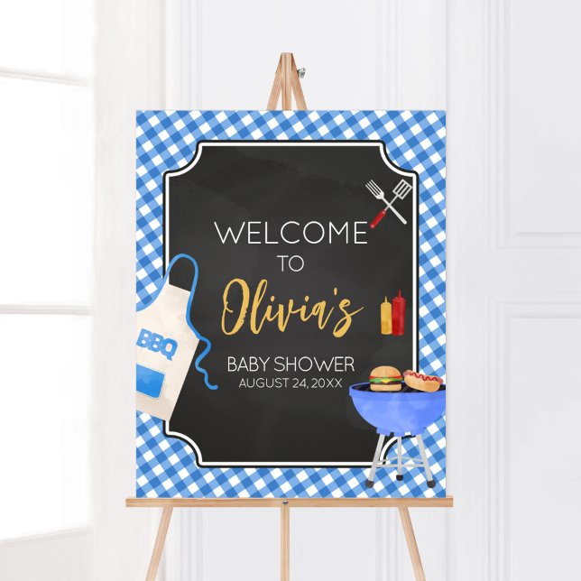 Blue Gingham BBQ Baby Shower Välkommen Poster (Boy Baby-Q Baby Shower Welcome Sign)