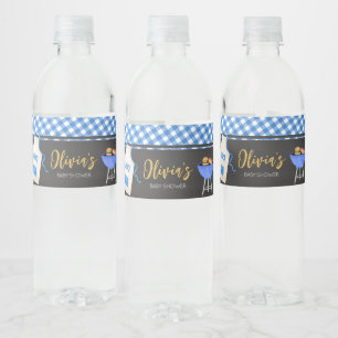 Blue Gingham BBQ Baby Shower Vattenflaskor Etikett