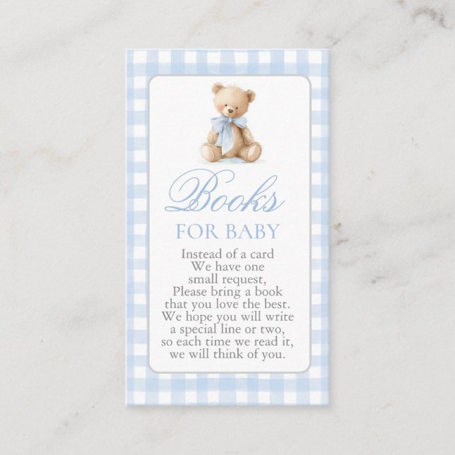 Blue Gingham Bear Baby Shower Boy Books for Baby Tilläggskort (Framsida)