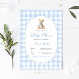Blue Gingham Bear Baby Shower Boy Inbjudningar