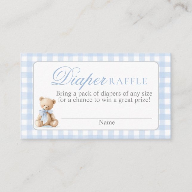Blue Gingham Bear Baby shower Diaper Raffle Card Tilläggskort (Framsida)