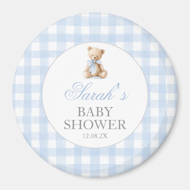 Blue Gingham Bear Baby Shower Magnet (Framsidan)
