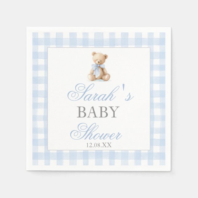 Blue Gingham Bear Baby Shower Pappersservett (Framsidan)