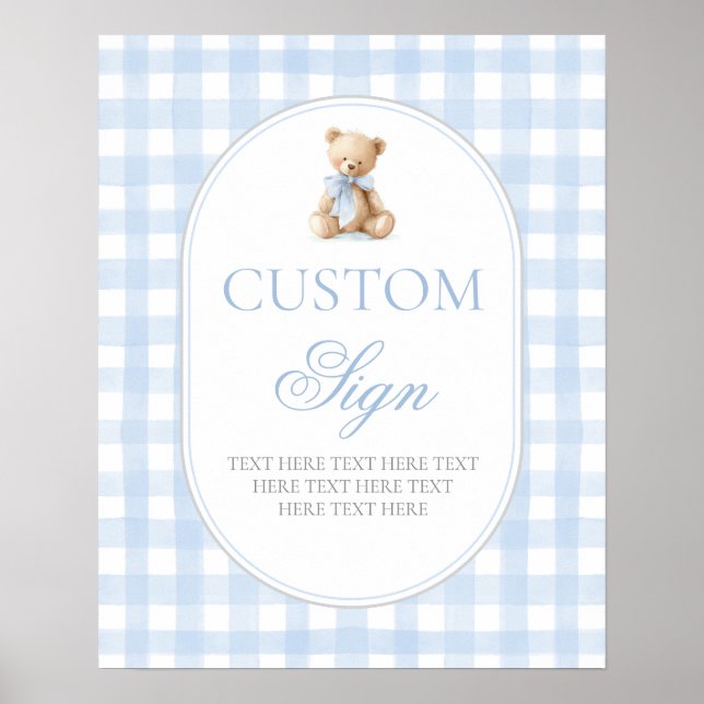 Blue Gingham Bear Customized sign Poster (Framsidan)