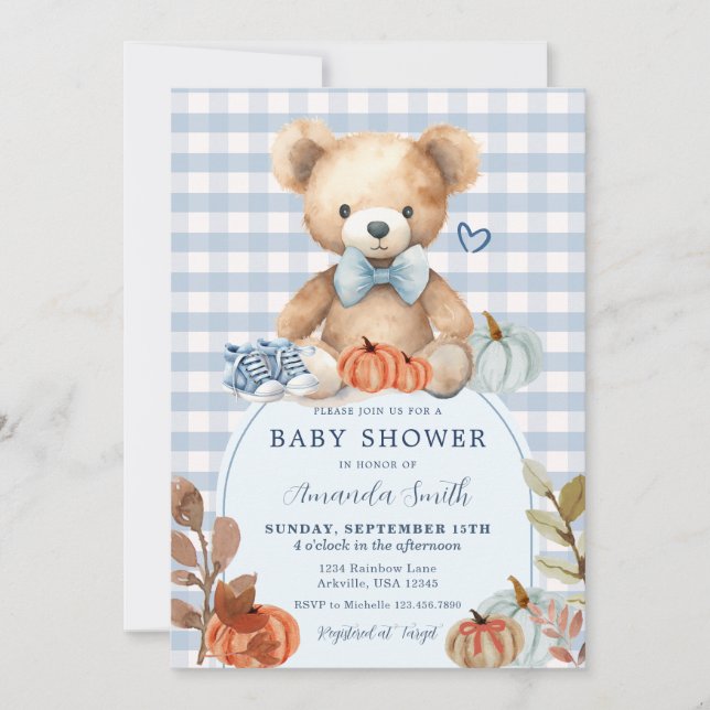 Blue Gingham Bear Pumpkin Shoes Baby Shower Inbjudningar (Framsida)