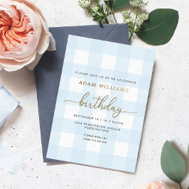 Blue Gingham Birthday Gold Foil-inbjudan