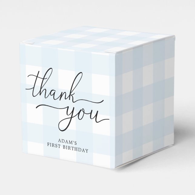 Blue Gingham Birthday Tack Favoritbox Presentaskar (Framsidan Sidan)