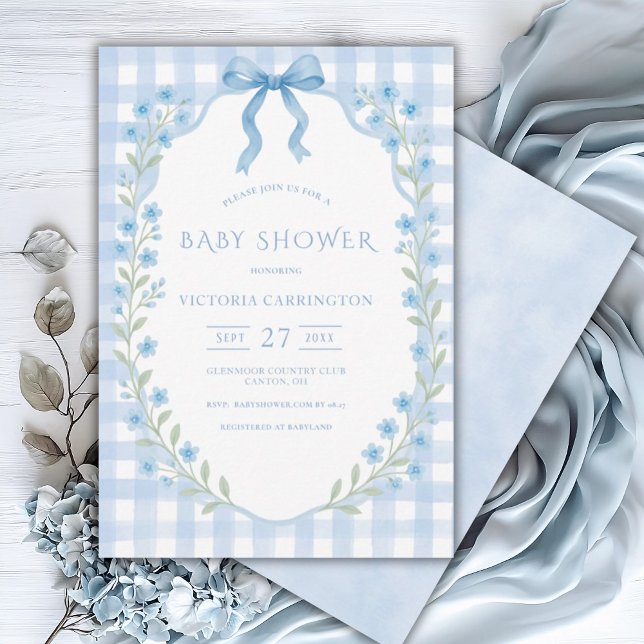 Blue Gingham Blommigt Vintage Baby Shower Inbjudningar (Skapare uppladdad)