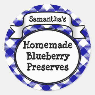 Blue Gingham Blueberry Jelly Sylt Burk/Lid Label Runt Klistermärke