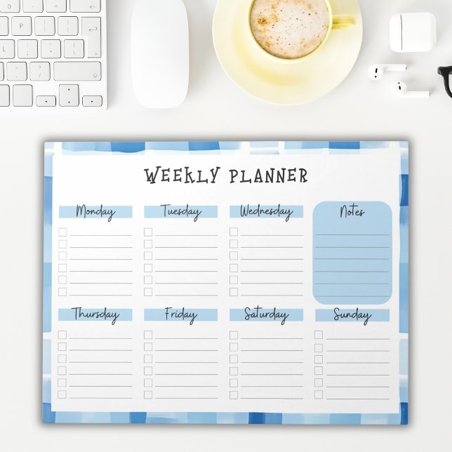 Blue Gingham Border, Undated Weekly Planner Anteckningsblock (Skapare uppladdad)