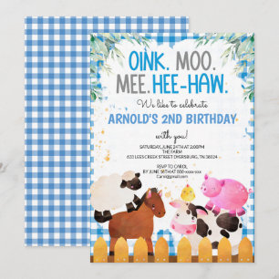 Blue Gingham Boskap Boy Birthday Barnyard Inbjudningar