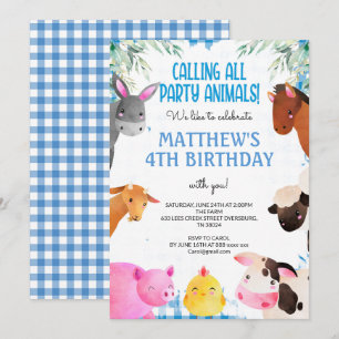 Blue Gingham Boskap Boy Birthday Barnyard Inbjudningar