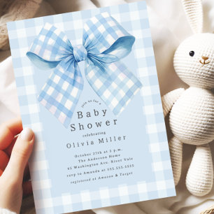 Blue Gingham Bow Baby Shower Inbjudningar