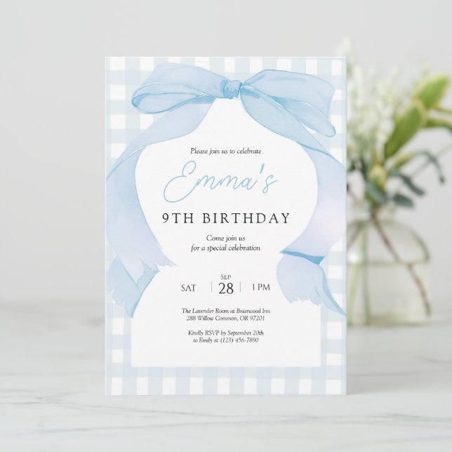 Blue Gingham Bow Birthday-inbjudan Tack Kort (Stående Fram)