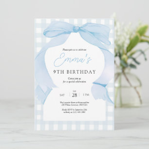 Blue Gingham Bow Birthday-inbjudan Tack Kort