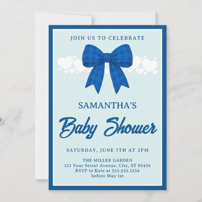 Blue Gingham Bow Boy Baby Shower Invitation Inbjudningar (Framsida)