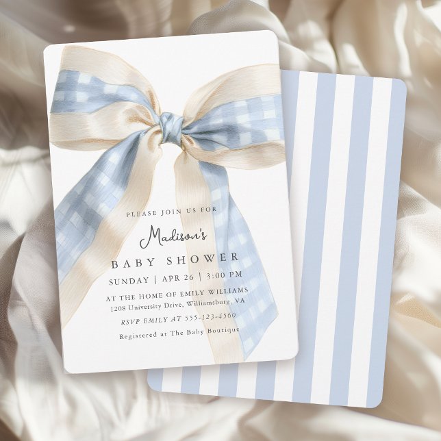Blue Gingham Bow Cute Baby Shower Inbjudningar (Invitation may be ordered in both printed and instant download digital formats.)