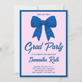 Blue Gingham Bow Graduation Party Inbjudningar