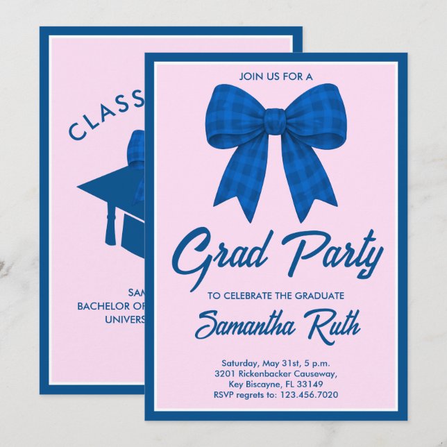 Blue Gingham Bow Graduation Party Inbjudningar (Fram/baksida)