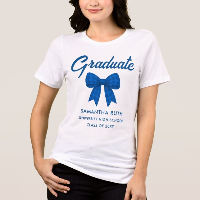 Blue Gingham Bow Graduation T Shirt (Framsida)