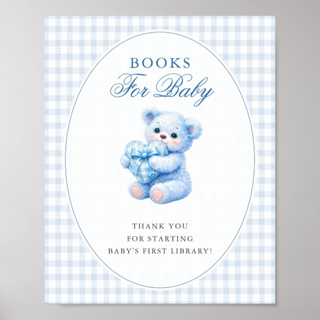 Blue Gingham Bow Heart Teddy Bear Baby Shower Poster (Framsidan)