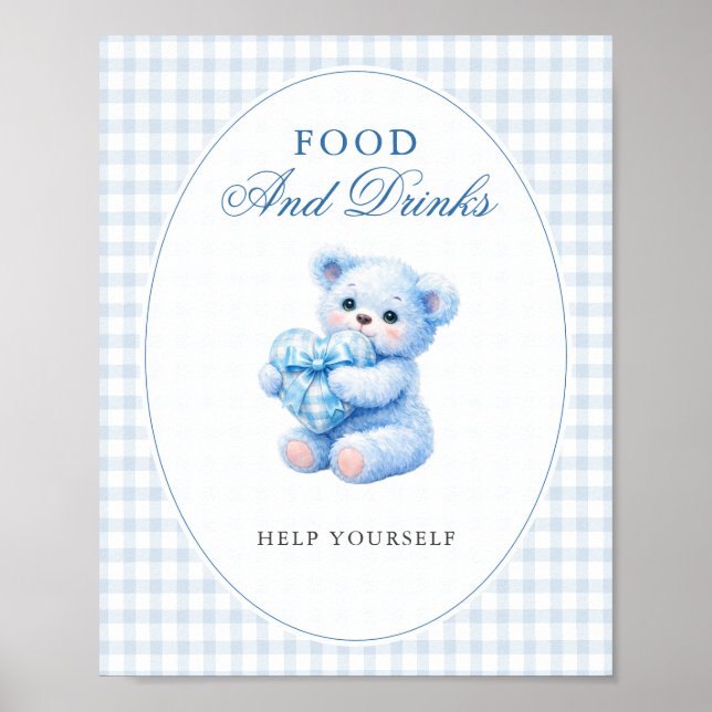 Blue Gingham Bow Heart Teddy Bear Baby Shower Poster (Framsidan)