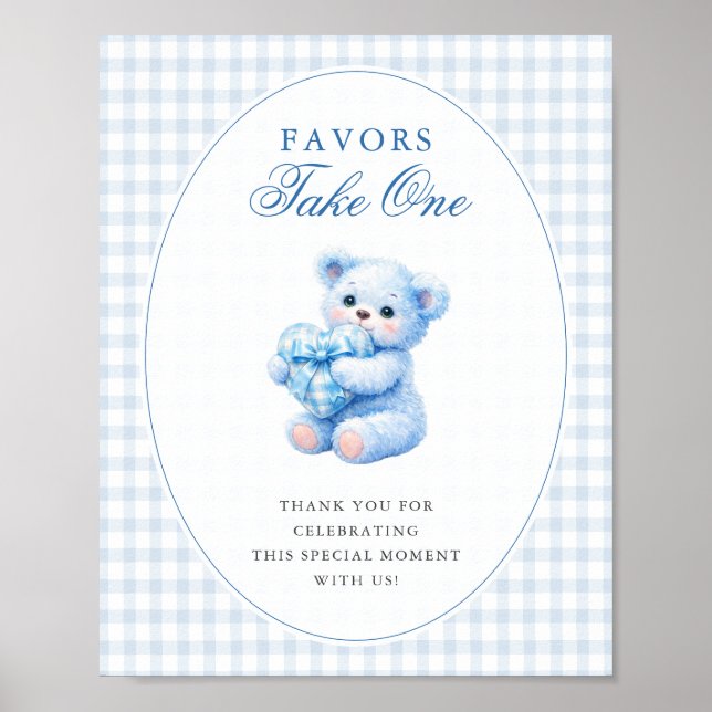 Blue Gingham Bow Heart Teddy Bear Baby Shower Poster (Framsidan)