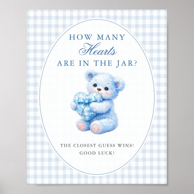 Blue Gingham Bow Heart Teddy Bear Baby Shower Poster (Framsidan)