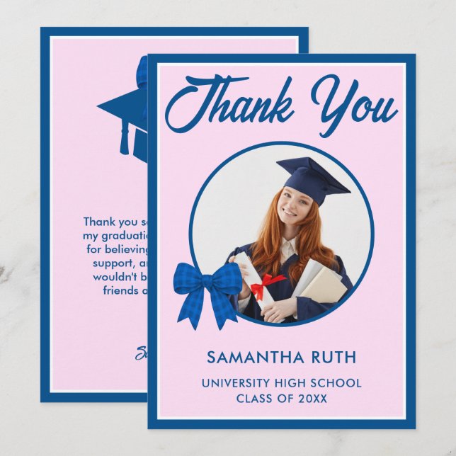Blue Gingham Bow Photo Graduation Tack Kort (Fram/baksida)