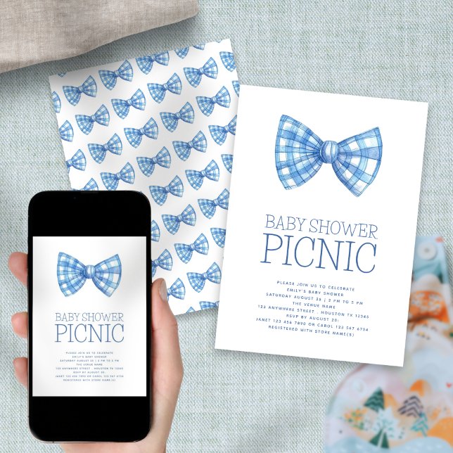 Blue Gingham Bow Tie Baby Shower Picnic Inbjudningar (Front and back view)