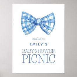 Blue Gingham Bow Tie Välkommen Baby Shower Picnic Poster