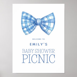Blue Gingham Bow Tie Välkommen Baby Shower Picnic Poster