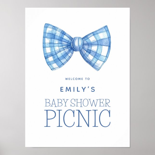 Blue Gingham Bow Tie Välkommen Baby Shower Picnic Poster (Framsidan)