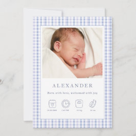Blue Gingham Boy Birth Announcement Photo Card Inbjudningar