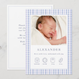 Blue Gingham Boy Birth Announcement Photo Card Inbjudningar