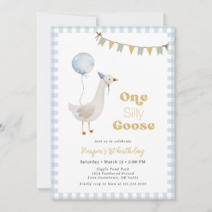 Blue Gingham Boy One Fånig Goose Birthday Inbjudningar
