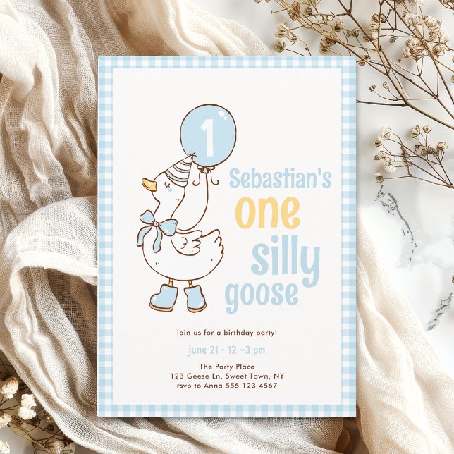 Blue Gingham Boy One Silly Goose 1st Birthday Inbjudningar (The front  of the invitation  is shown in 5x7-inch size. Choose size, paper, and corner style.)